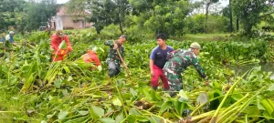 Personil Kodim 0616/Indramayu Turun Tangan Atasi Eceng Gondok Penyebab Banjir